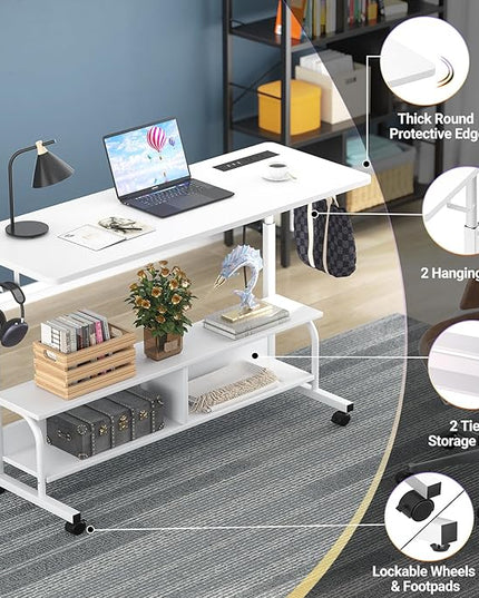 Height Adjustable Standing Desk with Power Outlets, 47" Manual Stand Up Desk with Storage Shelves Small Mobile Rolling Computer Desk Portable Laptop Table with Wheels for Home Office, White - LeafyLoom