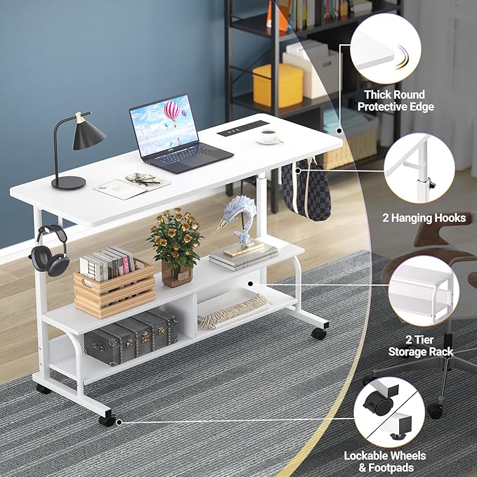Height Adjustable Standing Desk with Power Outlets, 47" Manual Stand Up Desk with Storage Shelves Small Mobile Rolling Computer Desk Portable Laptop Table with Wheels for Home Office, White - LeafyLoom