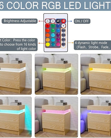 HOMMPA LED Nightstand Wood Bedside Table with Led Lights Modern LED Night Stand with 2 Drawers Smart Nightstand Matte Night Table for Bedroom 20.5" Tall - LeafyLoom