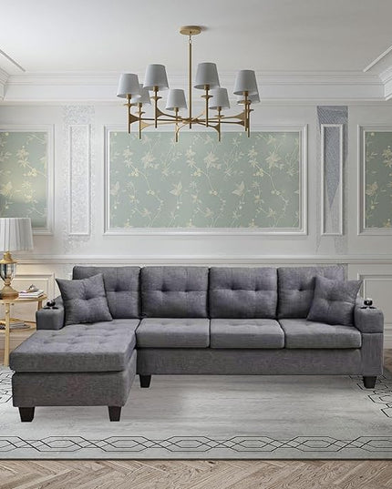 L-Shape Sectional, with 2 Throw Pillows, Side Pocket and Cupholders, Convertible Corner Sofa w/Armrest, Left Chaise Longue, for Living Room & Apartment, 96Inch, Gray - LeafyLoom