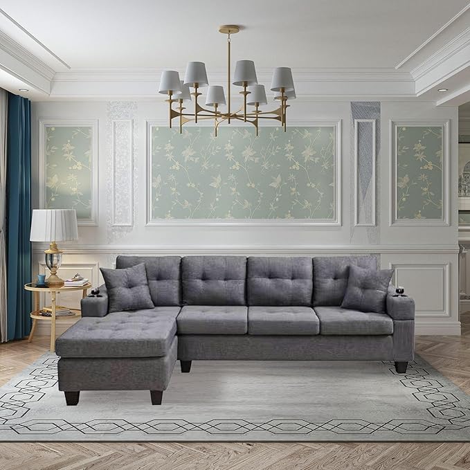 L-Shape Sectional, with 2 Throw Pillows, Side Pocket and Cupholders, Convertible Corner Sofa w/Armrest, Left Chaise Longue, for Living Room & Apartment, 96Inch, Gray - LeafyLoom