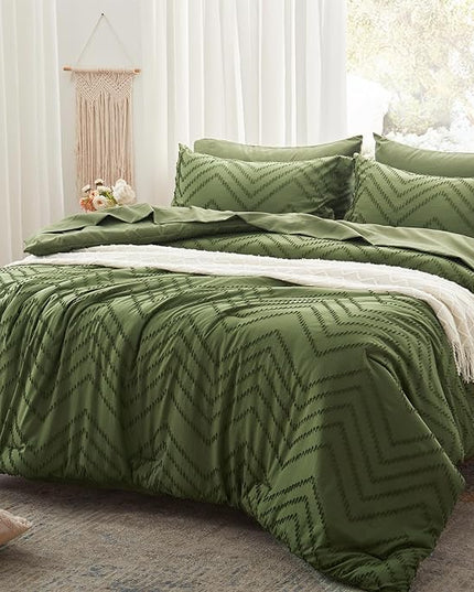 Anluoer Queen Comforter Set, Olive Green Tufted Bed in a Bag 7 Pieces with comforters and sheets, All Season Bedding Sets with 1 Comforter, 2 PillowShams, 2 Pillowcases, 1 Flat Sheet, 1 Fitted Sheet - LeafyLoom