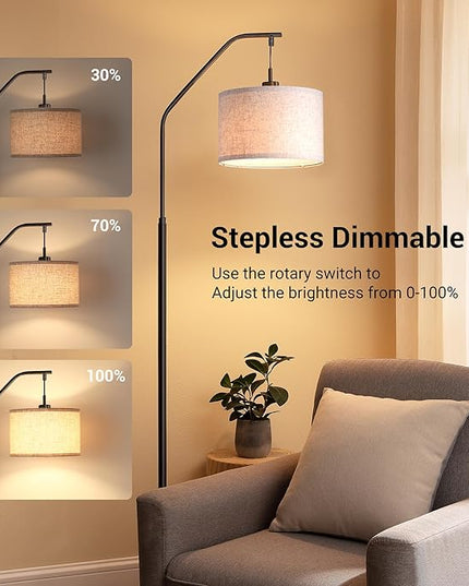 DEWENWILS Black Dimmable Arched Floor Lamp, Stepless Dimmable Corner Lamp with Hanging Lampshade, Standing Tall Arc Lamps for Living Room Corner, Bedroom, Office, LED Bulb Included - LeafyLoom
