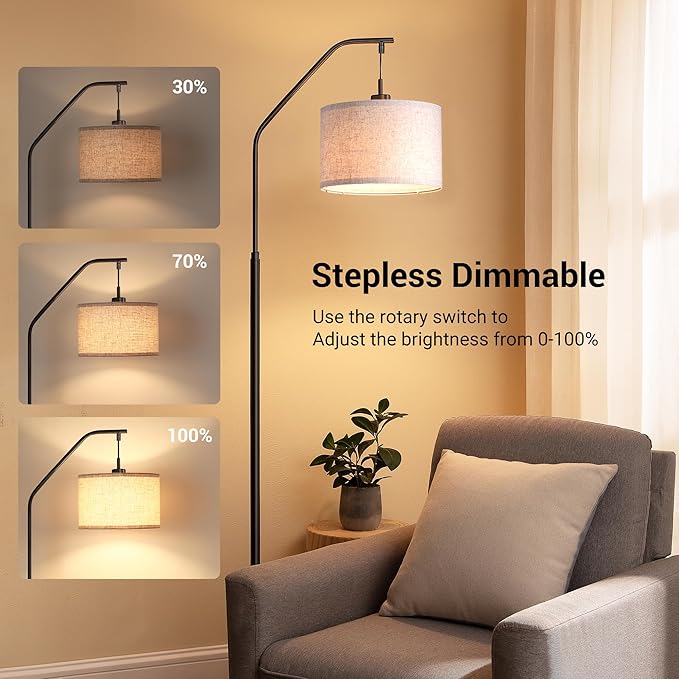 DEWENWILS Black Dimmable Arched Floor Lamp, Stepless Dimmable Corner Lamp with Hanging Lampshade, Standing Tall Arc Lamps for Living Room Corner, Bedroom, Office, LED Bulb Included - LeafyLoom