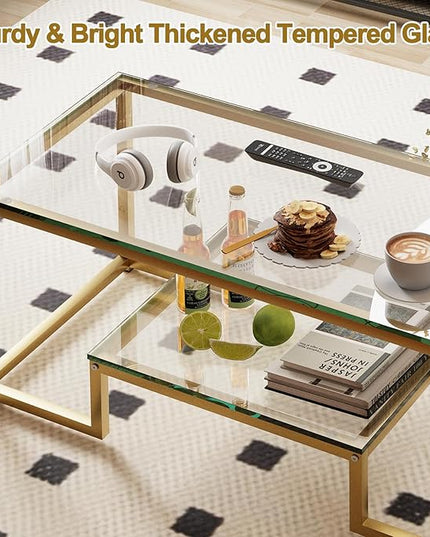 Coffee Table Gold Glass Coffee Table for Living Room,2 Tiers Rectangle Center Table with Sturdy Metal Frame,Modern Tempered Glass Accent Table for Bedroom Home Office - LeafyLoom