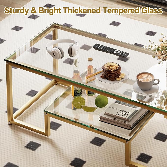 Coffee Table Gold Glass Coffee Table for Living Room,2 Tiers Rectangle Center Table with Sturdy Metal Frame,Modern Tempered Glass Accent Table for Bedroom Home Office - LeafyLoom