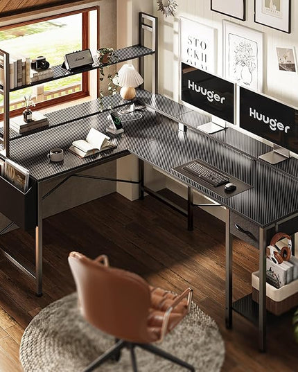 L Shaped Desk Computer Desk with LED Lights & Power Outlets, Gaming Desk with Storage Shelves, Corner Desk Home Office Desks for Bedroom, Carbon Fiber Black - LeafyLoom