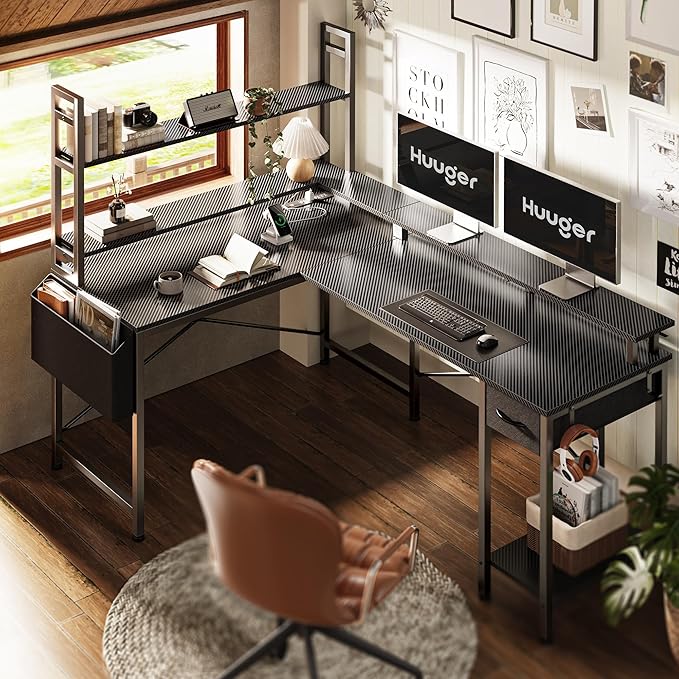 L Shaped Desk Computer Desk with LED Lights & Power Outlets, Gaming Desk with Storage Shelves, Corner Desk Home Office Desks for Bedroom, Carbon Fiber Black - LeafyLoom