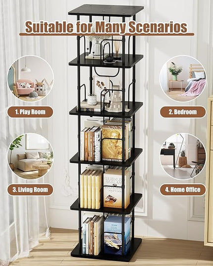 5 Tier Square Rotating Bookshelf, 360 ° Display Stackable Spinning Bookshelf Tower, Space Saving Tall Floor Standing Swivel Bookcase Corner Storage Organizer for Bedroom, Living Room, Black - LeafyLoom