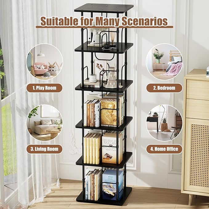 5 Tier Square Rotating Bookshelf, 360 ° Display Stackable Spinning Bookshelf Tower, Space Saving Tall Floor Standing Swivel Bookcase Corner Storage Organizer for Bedroom, Living Room, Black - LeafyLoom