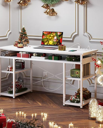 AODK 48 Inch Small Computer Desk with Power Outlets, Writing Desk with Storage Shelves Headphone Hook, Student Laptop PC Desks for Small Spaces Home Office, White - LeafyLoom
