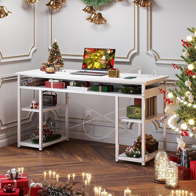 AODK 48 Inch Small Computer Desk with Power Outlets, Writing Desk with Storage Shelves Headphone Hook, Student Laptop PC Desks for Small Spaces Home Office, White - LeafyLoom