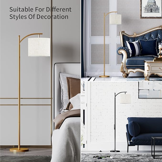 SUNMORY Arc Floor Lamp, Modern Floor Lamp with Romote Control and Stepless Dimmable Bulb, Metal Standing Lamps with Hanging Lampshade for Living Room, Bedroom, Office (Gold) - LeafyLoom