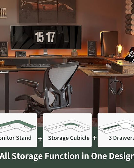 FEZIBO Triple Motor 63" L Shaped Standing Desk with 3 Drawers, Electric Standing Desk Adjustable Height, Corner Stand up Desk with Splice Board - Rustic Brown - LeafyLoom