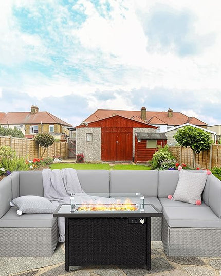 Pamapic 8 Pieces Patio Conversation Sets with fire Pit, Patio Furniture Sectional Sofa with Gas Fire Pit Table(Grey Wicker,Grey Cushions) - LeafyLoom