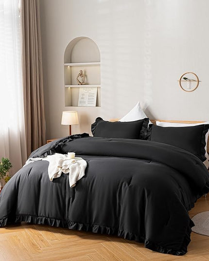 JANZAA Black Comforter Set Twin Comforter Set Ruffled Comforter Set Soft Twin Size Bed Set Vintage Farmhouse Bed Comforter Set Shabby Fluffy Bedding (1 Solid Color Comforter and 1 Pillowcase) - LeafyLoom