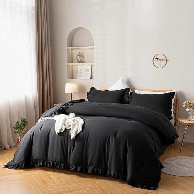JANZAA Black Comforter Set Twin Comforter Set Ruffled Comforter Set Soft Twin Size Bed Set Vintage Farmhouse Bed Comforter Set Shabby Fluffy Bedding (1 Solid Color Comforter and 1 Pillowcase) - LeafyLoom
