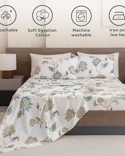 QSH Floral Bed Sheets Queen Size - 100% Egyptian Cotton Sheets Elegant Botanical Leaves Flower Pattern Printed Bedding Sheets Queen Size Bed Extra Soft and Breathable 4pcs Deep Pockets Bed Sheets - LeafyLoom