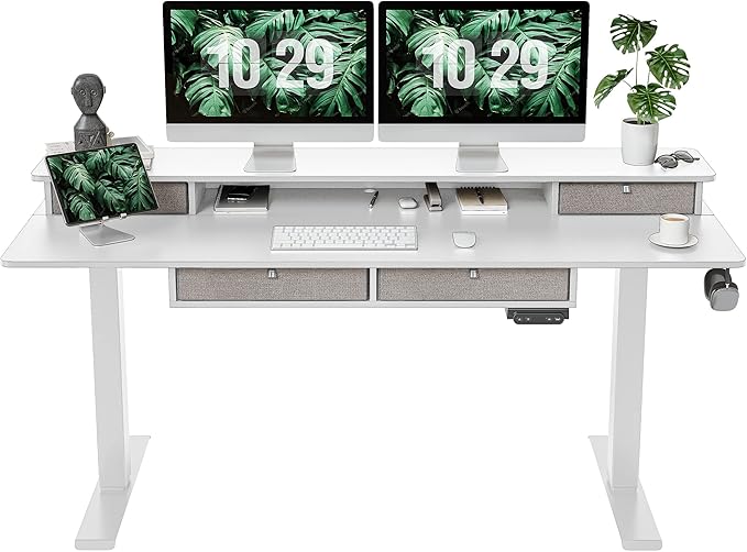 FEZIBO Sturdy Height Adjustable Electric Standing Desk with Drawers, 63 x 24 Inch Stand Up Table with Large Storage Shelf, Sit Stand Desk, White Top - LeafyLoom