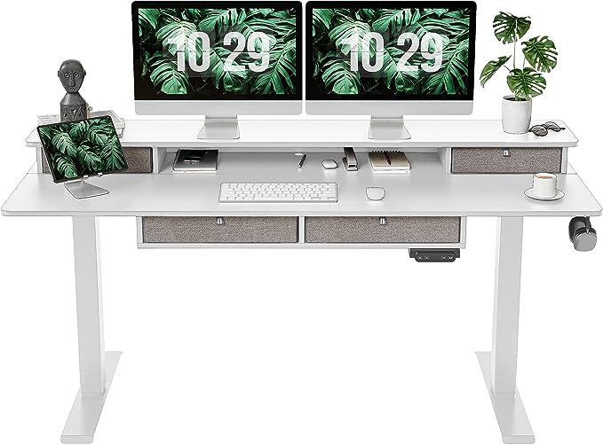 FEZIBO Sturdy Height Adjustable Electric Standing Desk with Drawers, 55 x 24 Inch Stand Up Table with Large Storage Shelf, Sit Stand Desk, White Top - LeafyLoom