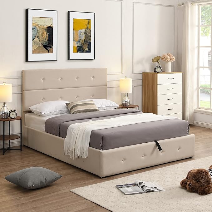 Upholstered Full Size Bed Gas Lift Up Storage Platform Bed Frame with Tufted Headboard Wooden Slat Support & Under Bed Storage, No Box Spring Needed - LeafyLoom