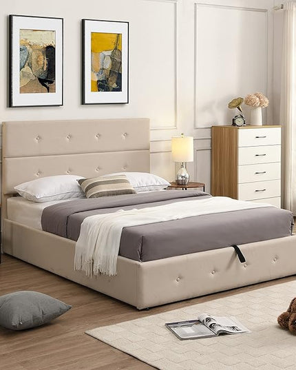 Upholstered Full Size Bed Gas Lift Up Storage Platform Bed Frame with Tufted Headboard Wooden Slat Support & Under Bed Storage, No Box Spring Needed - LeafyLoom
