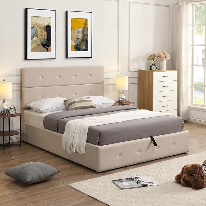 Upholstered Full Size Bed Gas Lift Up Storage Platform Bed Frame with Tufted Headboard Wooden Slat Support & Under Bed Storage, No Box Spring Needed - LeafyLoom