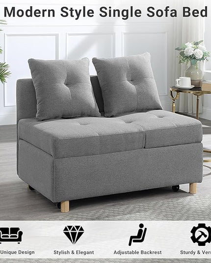 4-in-1 Convertible Sleeper Sofa, Single Pull Out Couch Chair with 6-Level Adjust Backrest Loveseat with Storage and Pillows, Modern Recliner for Living Room Apartment Office, Grey - LeafyLoom