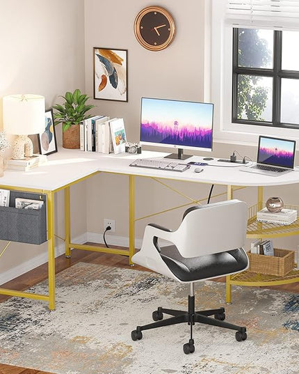 Unikito L Shaped Desk with Power Outlet, 98.4" Reversible Corner Computer Table with Storage Shelves and Bag, Modern 2 Person Large Long Desk for Home Office Writing Study Workstation, White - LeafyLoom