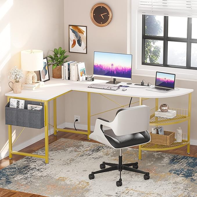 Unikito L Shaped Desk with Power Outlet, 98.4" Reversible Corner Computer Table with Storage Shelves and Bag, Modern 2 Person Large Long Desk for Home Office Writing Study Workstation, White - LeafyLoom