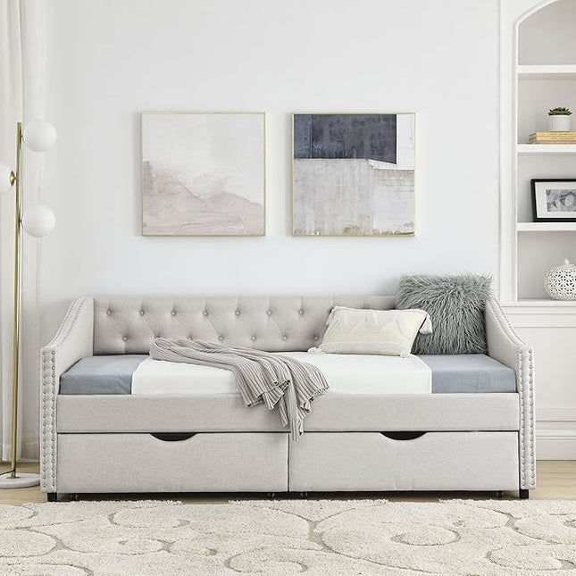 Twin Size Upholstered Daybed with Two Storage Trundle Drawers, Solid Wooden Bed Frame w/Button Tufted Backrest, No Box Spring Needed, for Kids, Bedroom, Dorm, Beige-3 - LeafyLoom