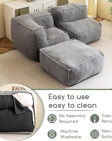 HIGOGOGO Modular Sectional Bean Bag Sofa Chair, Bean Bag Couch with Foam Chunk Filling, Removable & Washable Sherpa Cover, Floor Sofa for Family Living Room Bedroom, Type L - LeafyLoom