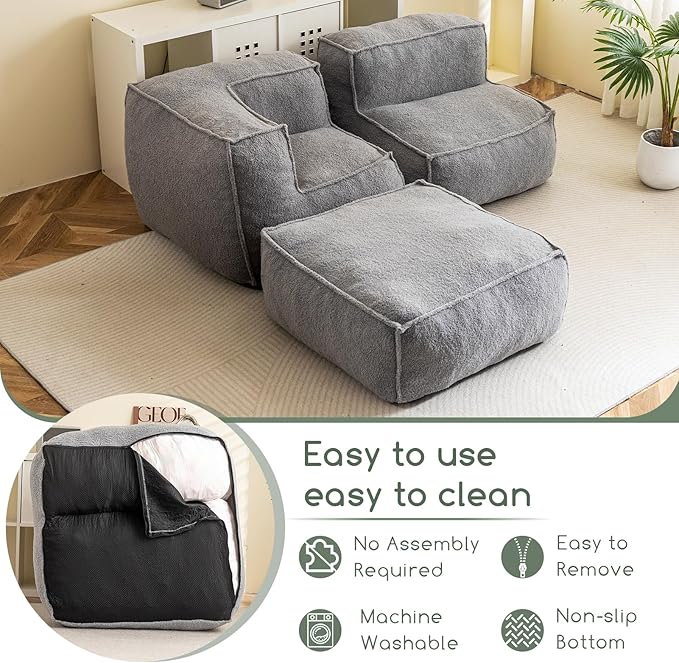 HIGOGOGO Modular Sectional Bean Bag Sofa Chair, Bean Bag Couch with Foam Chunk Filling, Removable & Washable Sherpa Cover, Floor Sofa for Family Living Room Bedroom, Type I - LeafyLoom