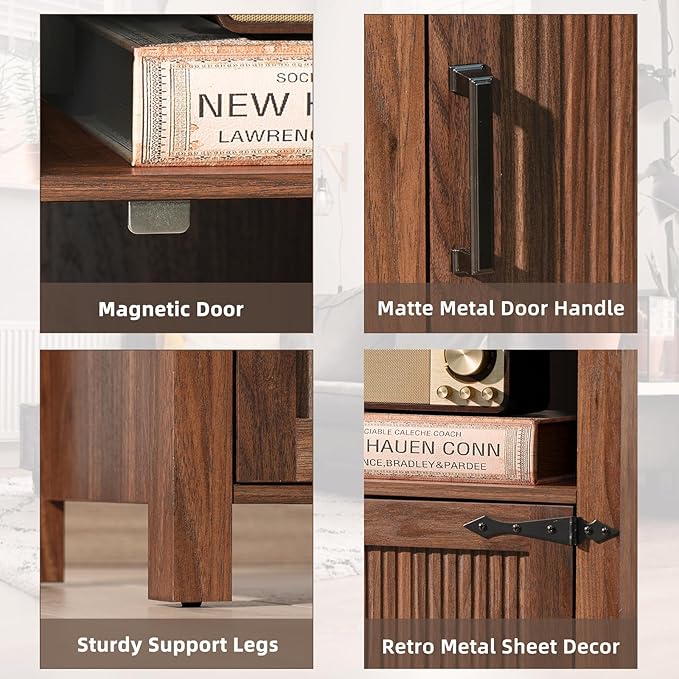 Night Stand, 18 Inch Farmhouse Nightstand with with Charging Station and USB Port, Rustic Couch End Table with Magnetic Door, Wood Bed Side Tables for Bedroom, Home, Brown Walnut - LeafyLoom