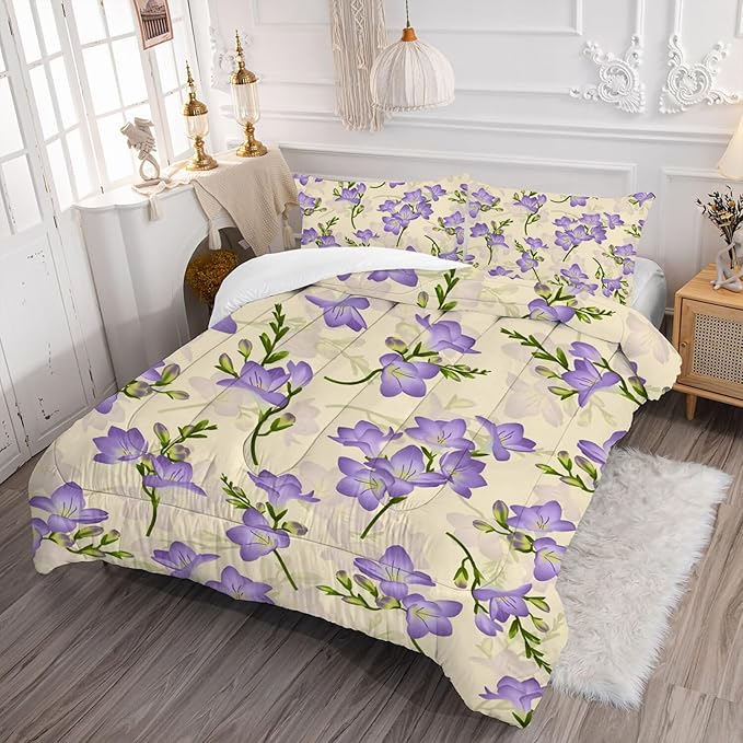 kxry Purple Flower Comforter Sets Bedding Sets Full Size Comforter Set for Girls Women Kids 1 Comforter + 2 Pillow Case - LeafyLoom