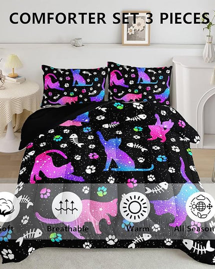 Cute Cat Comforter Kids Bedding Set Full,3Pcs Soft Paw Fish Bone Print Quilt Set Bed in A Bag with 1 Comforter 2 Pillowcases for Kids Boys Girls Teens Adults Room Decor All Season Gradient Purple Blue - LeafyLoom