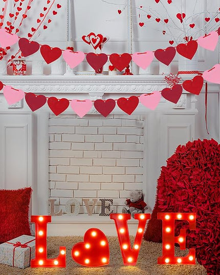 Tifeson Valentines Day Decor - 4 Led Marquee Light Up Letters “Love” Lights + 2 Packs Felt Heart Garland Banners for Home Valentines Table Mantel Wedding Party Decorations (Batteries Not Included) - LeafyLoom