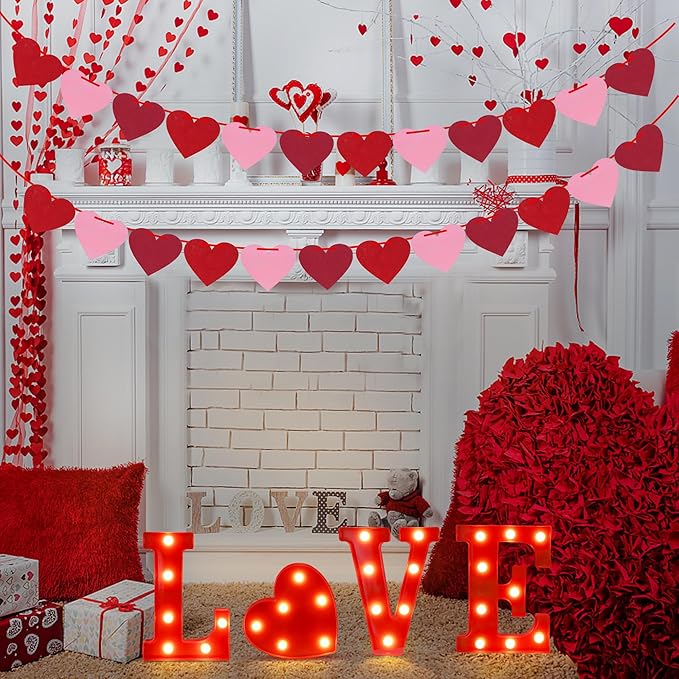 Tifeson Valentines Day Decor - 4 Led Marquee Light Up Letters “Love” Lights + 2 Packs Felt Heart Garland Banners for Home Valentines Table Mantel Wedding Party Decorations (Batteries Not Included) - LeafyLoom