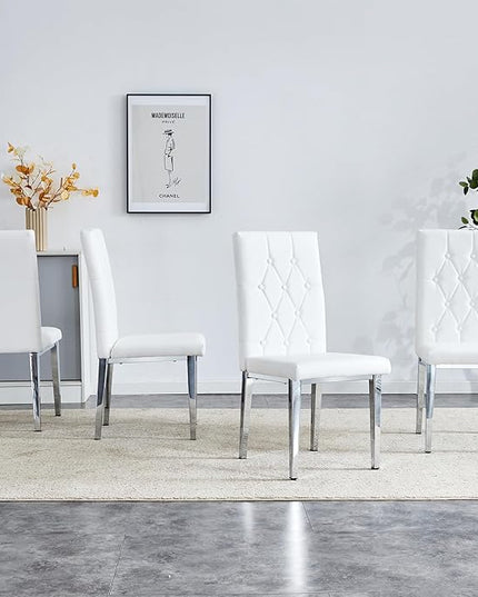 NicBex Dining Chairs Set of 4 Modern PU Dining Room Kitchen Chairs with Embedded Button High Backrest,Silver Metal Legs,Chairs for Dining Room, Kitchen,Living Room, and Restaurants,White - LeafyLoom