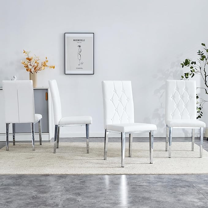 NicBex Dining Chairs Set of 4 Modern PU Dining Room Kitchen Chairs with Embedded Button High Backrest,Silver Metal Legs,Chairs for Dining Room, Kitchen,Living Room, and Restaurants,White - LeafyLoom