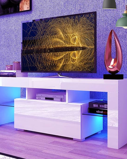 HOUAGI LED TV Stand for Televisions up to 55 Inchs,Modern Entertainment Center with Storage Drawer and Glass shelf, TV Console Table for Living room,Bedroom,White - LeafyLoom
