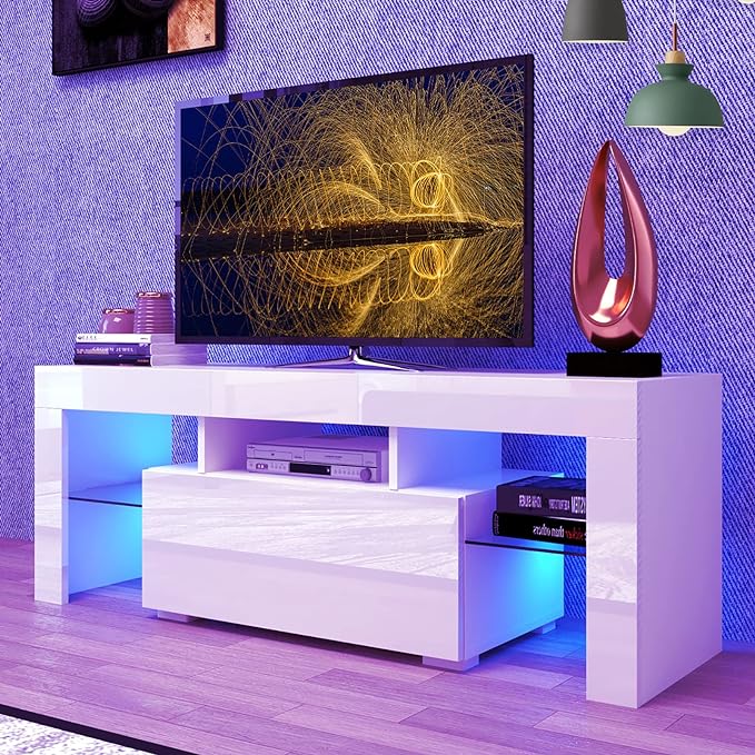HOUAGI LED TV Stand for Televisions up to 55 Inchs,Modern Entertainment Center with Storage Drawer and Glass shelf, TV Console Table for Living room,Bedroom,White - LeafyLoom