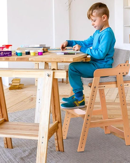 Ezebaby Wooden High Chair, Adjustable Highchair for Toddlers to Teens with Steps, Kids Dining Chair, Study Chair with Removable Cushion (Natural Color) - LeafyLoom