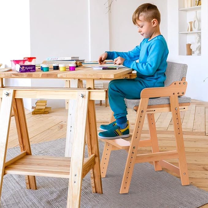 Ezebaby Wooden High Chair, Adjustable Highchair for Toddlers to Teens with Steps, Kids Dining Chair, Study Chair with Removable Cushion (Natural Color) - LeafyLoom