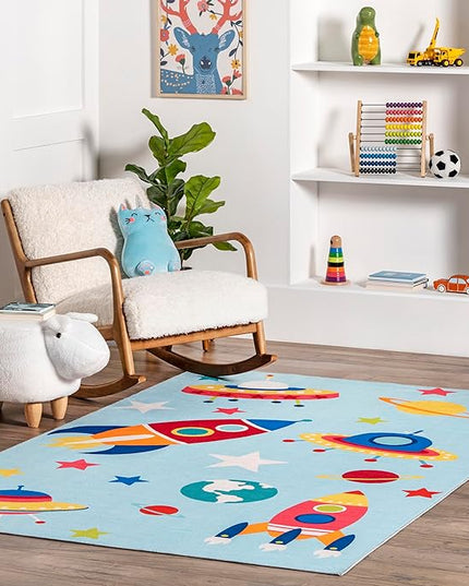 nuLOOM Eddie Outer Space Machine Washable Kids Ultra Thin Area Rug, 4' x 6', Light Blue Multi - LeafyLoom