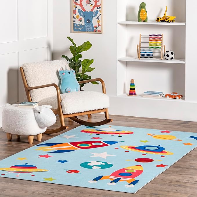 nuLOOM Eddie Outer Space Machine Washable Kids Ultra Thin Area Rug, 5' x 8', Light Blue Multi - LeafyLoom