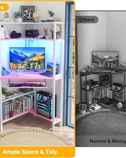 Cyclysio Small Corner Desk with Hutch, Corner Gaming Desk with LED Light & Power Outlets, Computer Desk with Keyboard Tray, Triangel Desk for Small Space, Home Office, Workstation, Pink - LeafyLoom