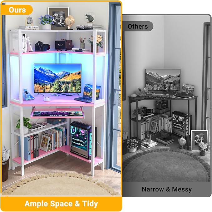 Cyclysio Small Corner Desk with Hutch, Corner Gaming Desk with LED Light & Power Outlets, Computer Desk with Keyboard Tray, Triangel Desk for Small Space, Home Office, Workstation, Pink - LeafyLoom