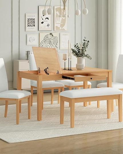 Dining Table Set for 6 with Drawer, Kitchen Table Set with Storage Table, Dining Room Table Set with Storable Bench and Upholstered Chairs for Living Room, Beige+Natural - LeafyLoom
