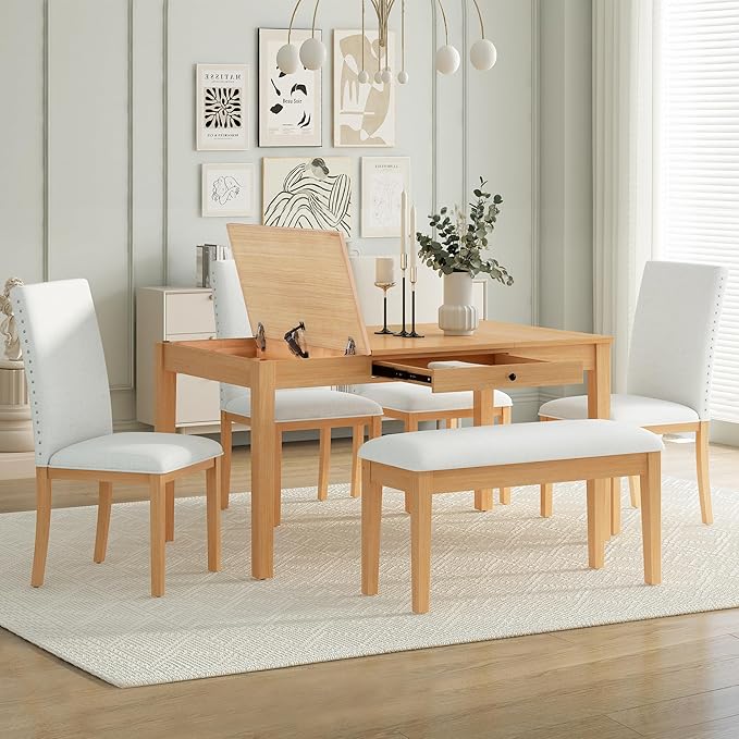 Dining Table Set for 6 with Drawer, Kitchen Table Set with Storage Table, Dining Room Table Set with Storable Bench and Upholstered Chairs for Living Room, Beige+Natural - LeafyLoom